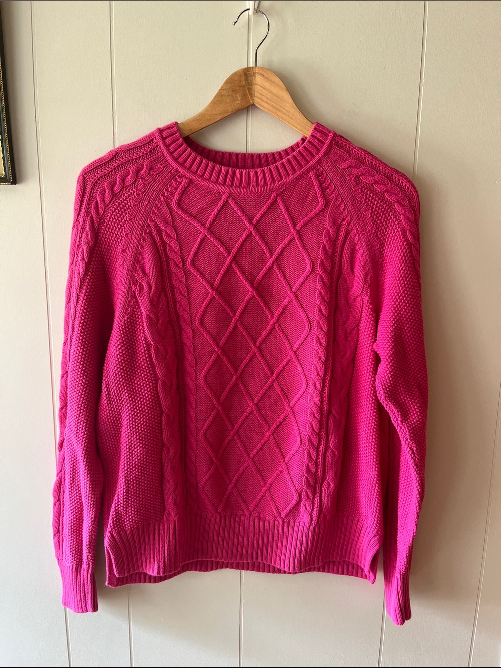 GAP Vibrant Pink Diamond Cable-Knit Crewneck Sweater